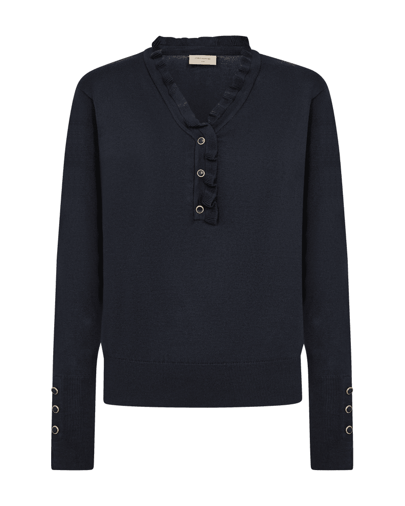FQKatie V-Neck with Ruffle and Button Detail Salute Freequent